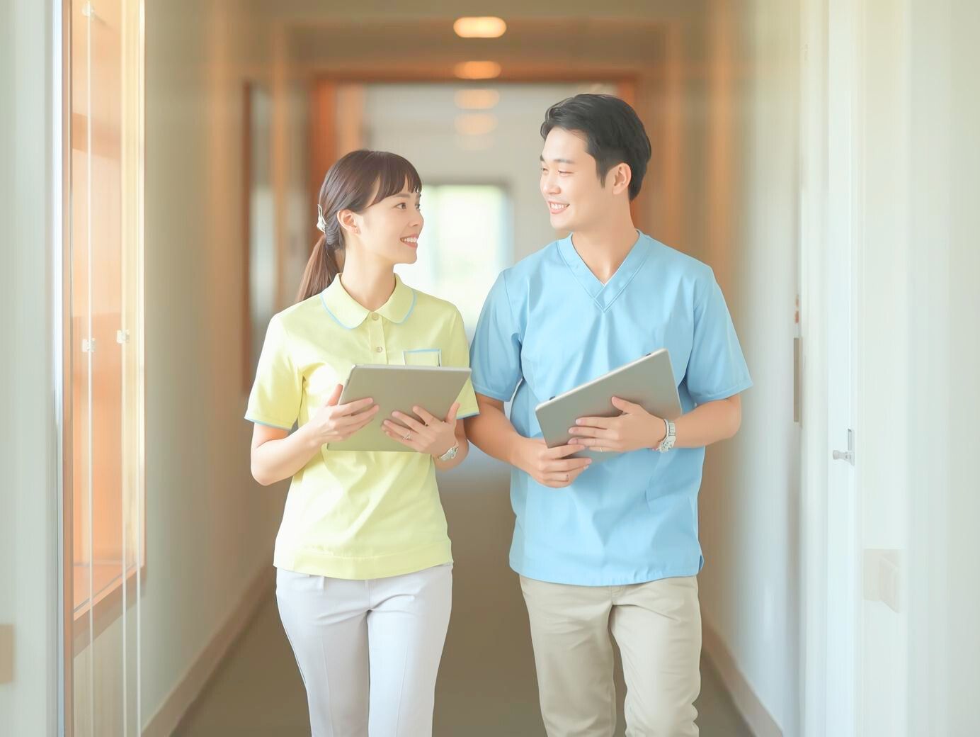 タブレットを持ちながら廊下を歩き会話する男女の介護士