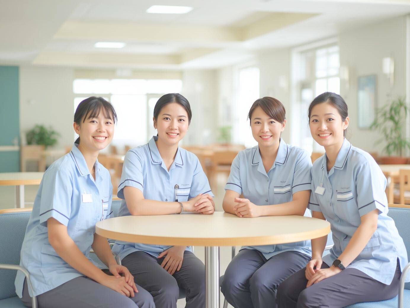 丸テーブルを囲む4人の女性介護士の集合写真