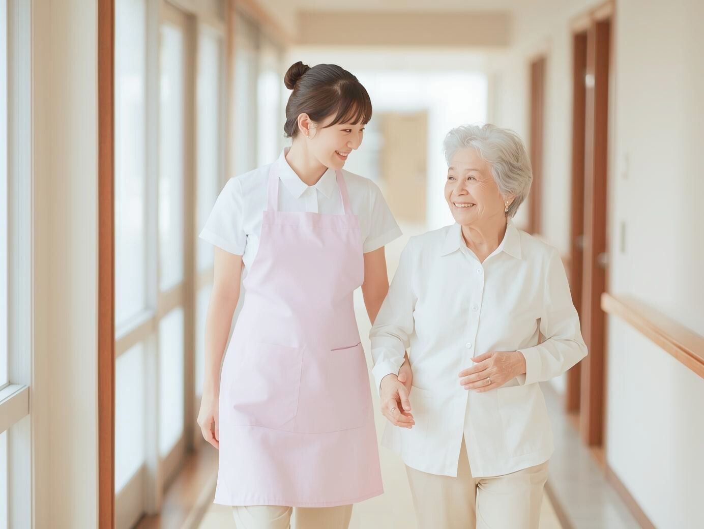 明るい廊下で高齢女性の歩行を介助するピンクエプロンの介護士