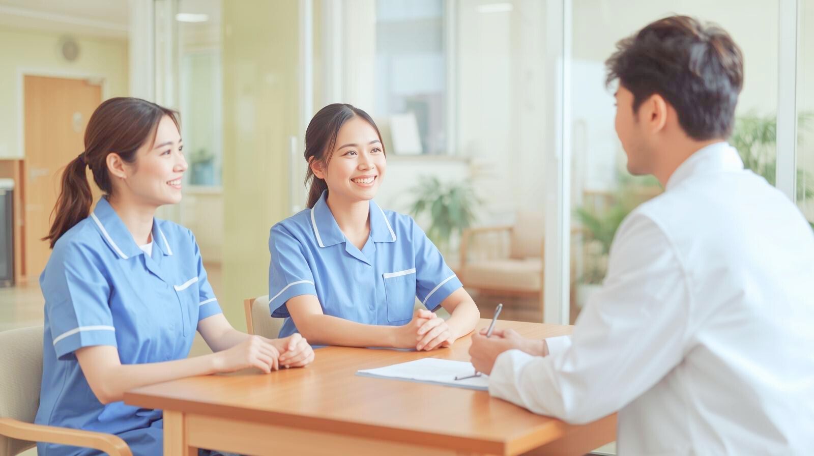 白衣の管理者と面談する2人の介護士