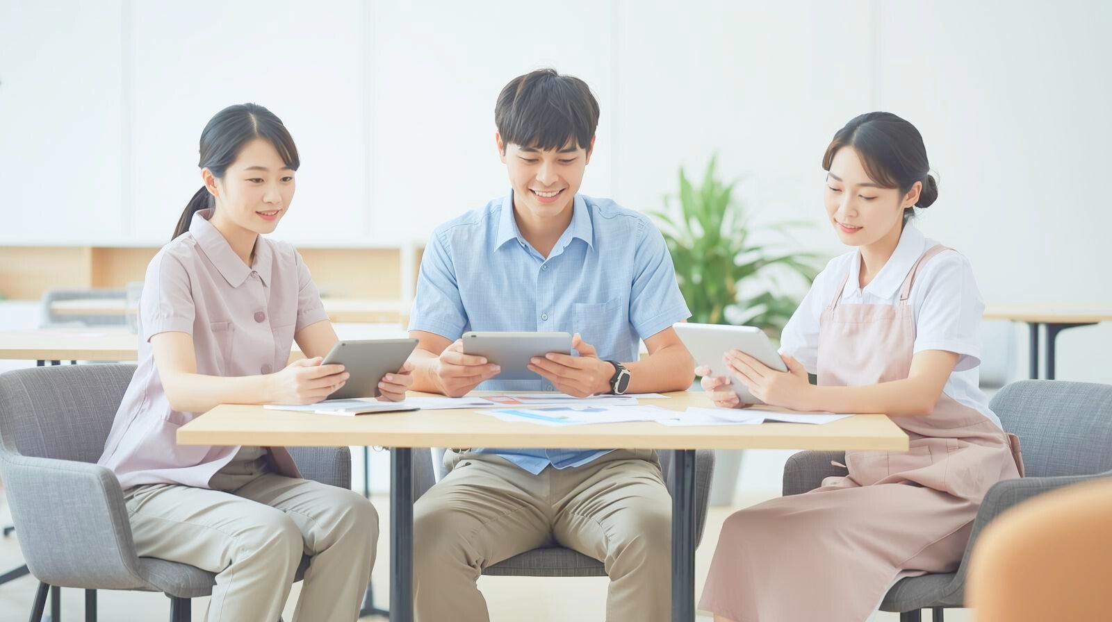 グラフ入りの資料を見ながらミーティングする3名のスタッフ