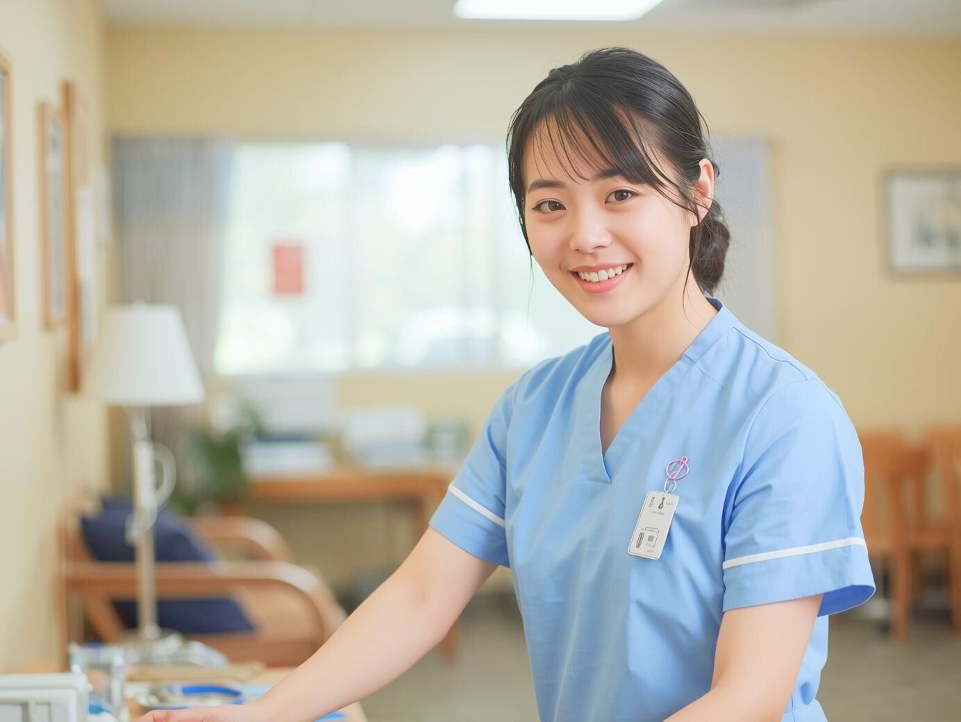 病室で微笑む水色スクラブの看護師