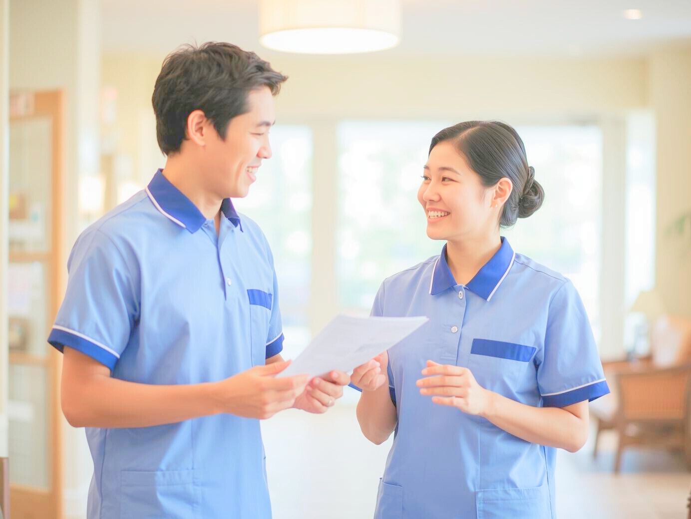 書類を見ながら打ち合わせをする水色ユニフォームの男女介護士