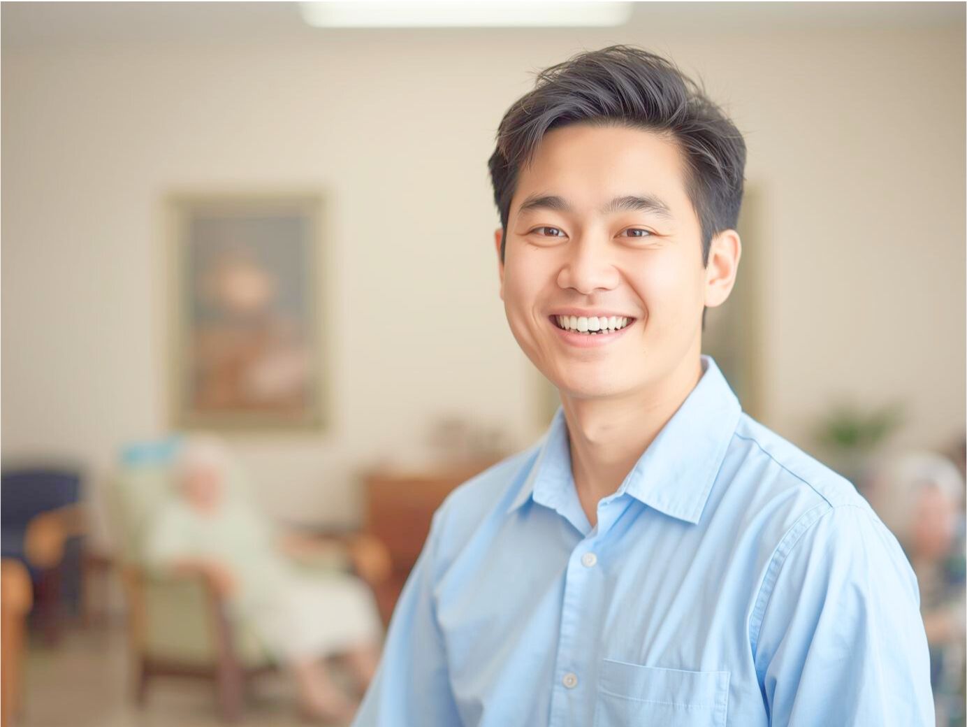 施設ラウンジで満面の笑みを見せる水色シャツの若い男性介護士