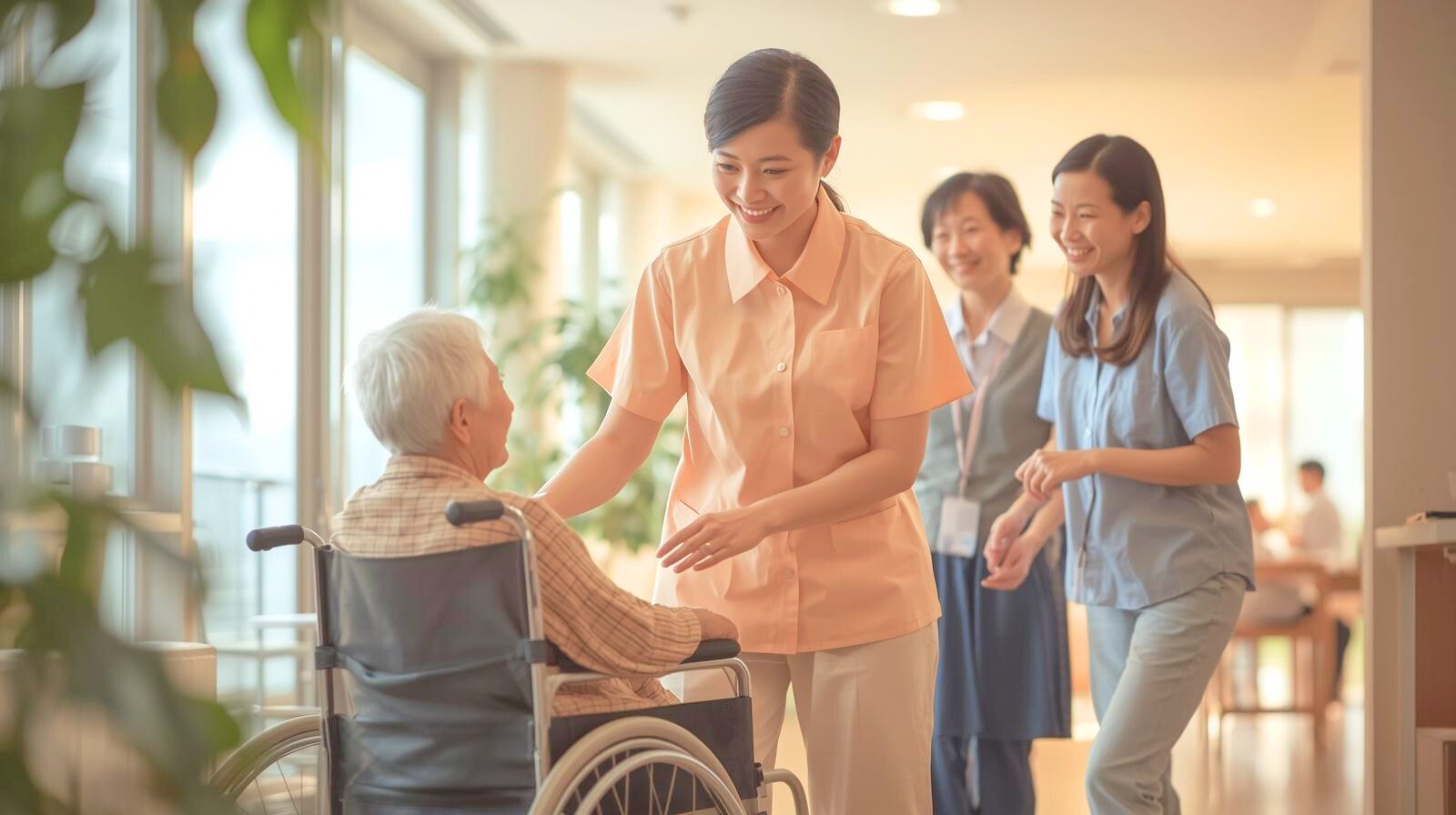 車椅子の高齢者に声をかける介護士と背景を歩くスタッフ