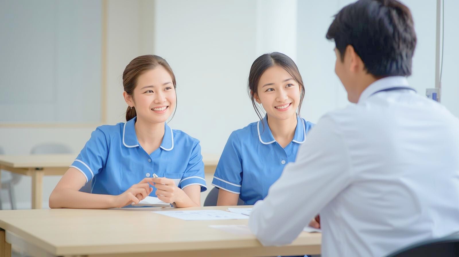 会議室で書類を広げ笑顔で上司と話し合う介護スタッフ