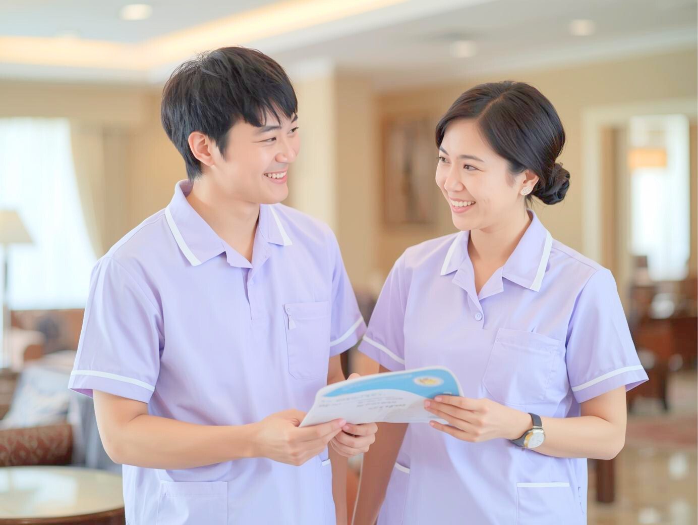 パンフレットを見ながら笑顔で会話する男女の介護士