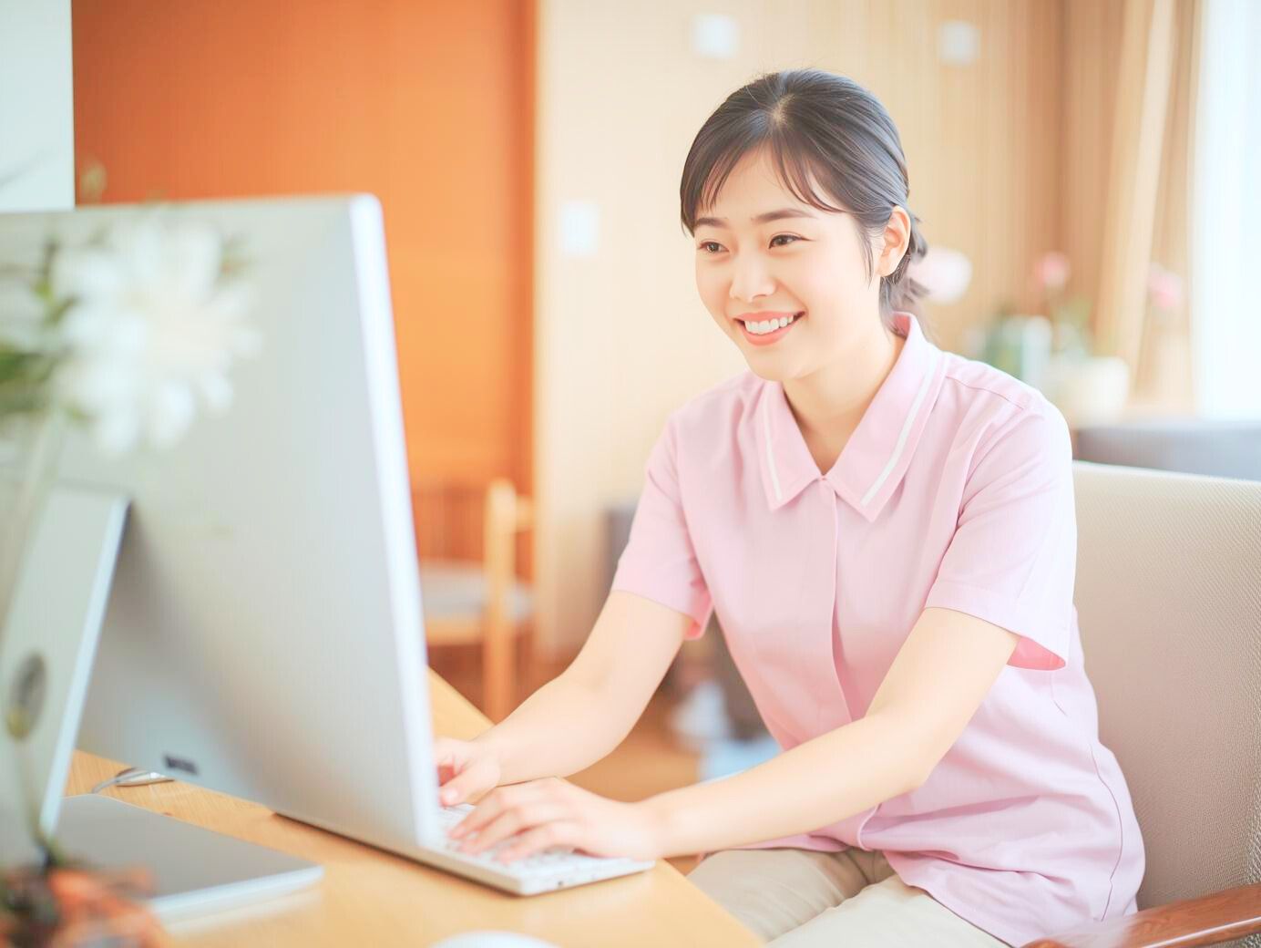 デスクでPCに向かい笑顔で事務作業をするピンクユニフォームの介護士