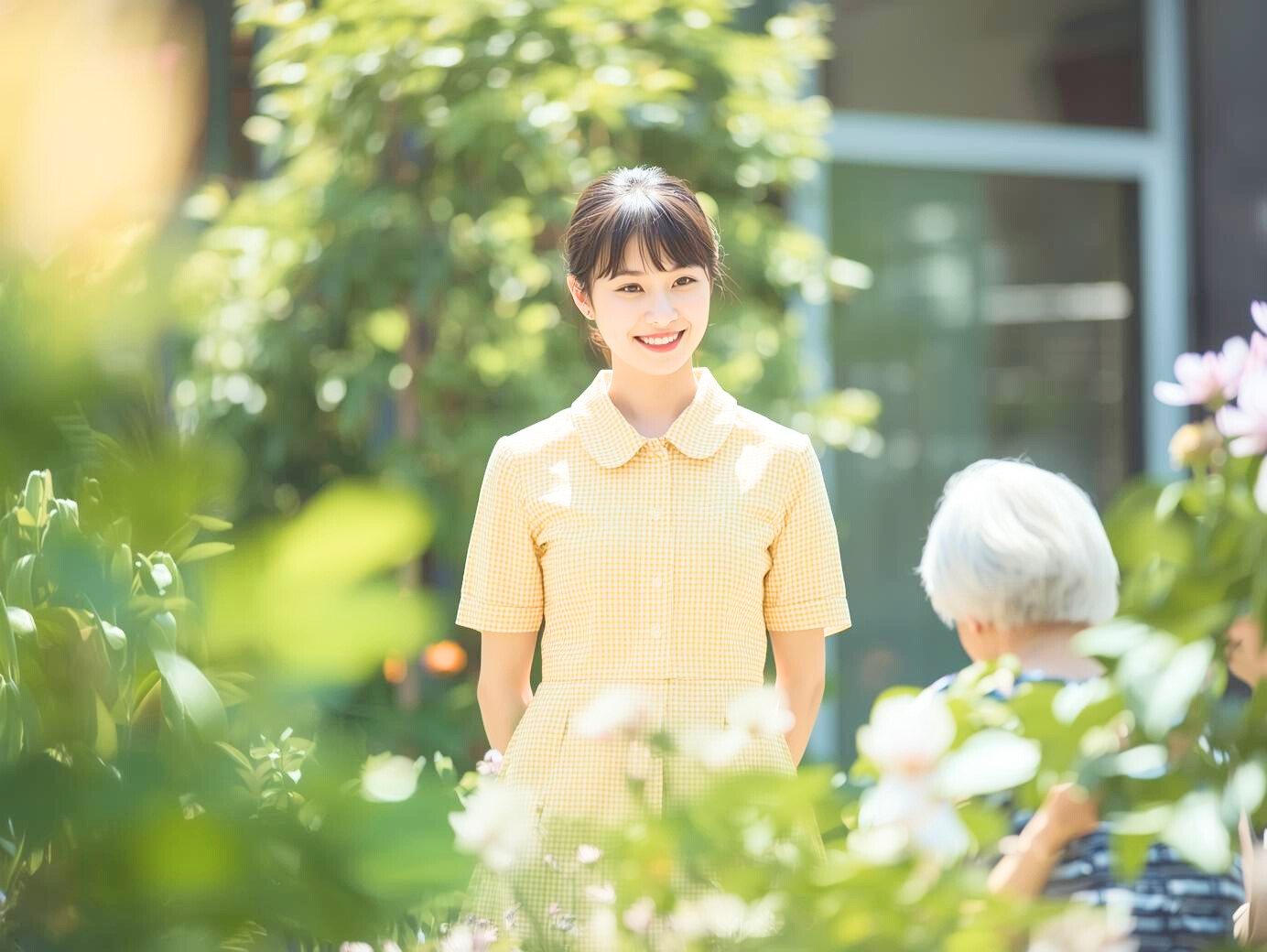 緑あふれる庭園で笑顔を見せる黄色いチェック柄ユニフォームの介護士