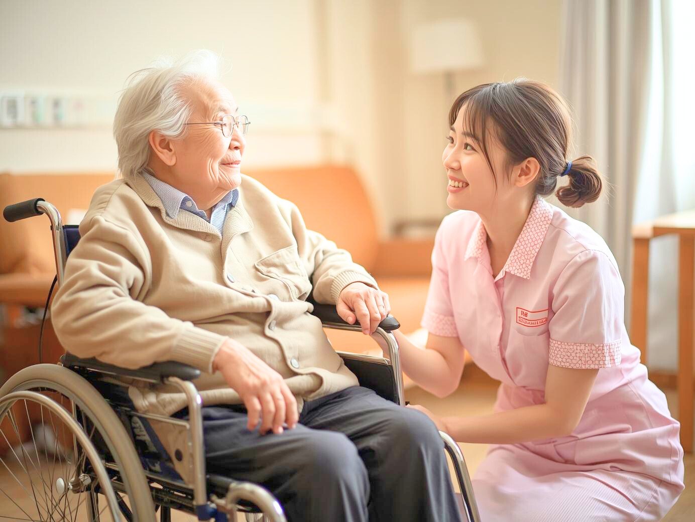 居室で車椅子の高齢女性の手を握り微笑み合う介護士