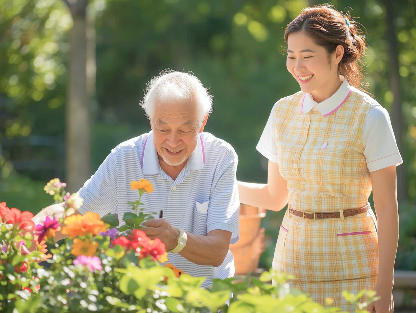 花畑で高齢男性と一緒にガーデニングを楽しむ介護士