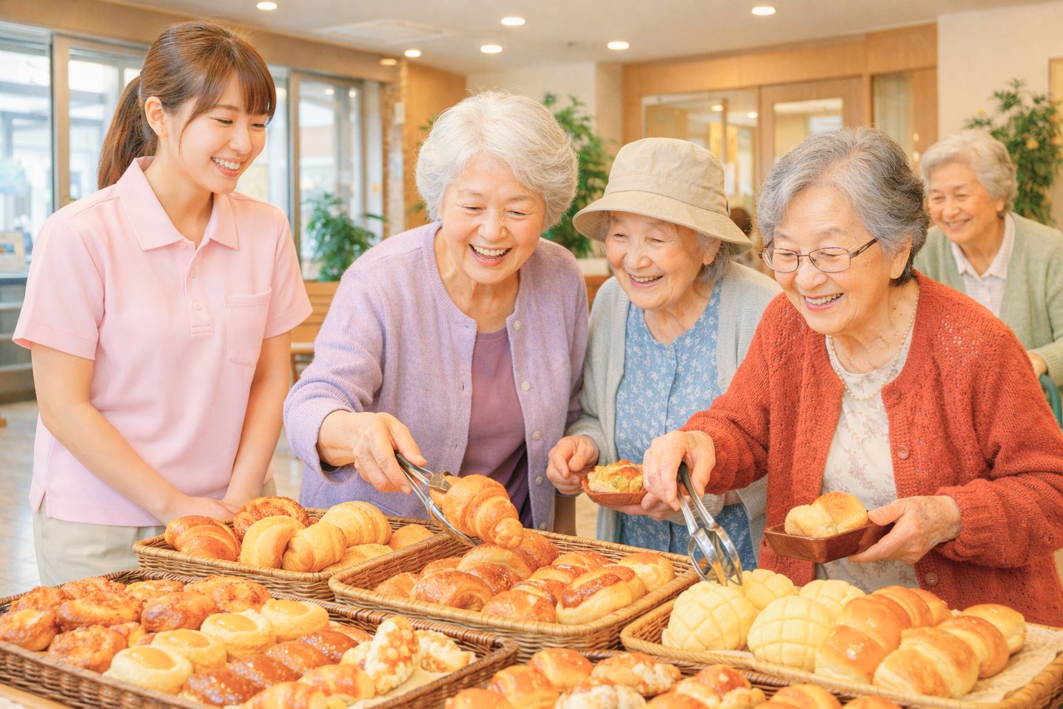 パンやクロワッサンの並ぶテーブルで高齢女性と楽しそうに選ぶ介護士