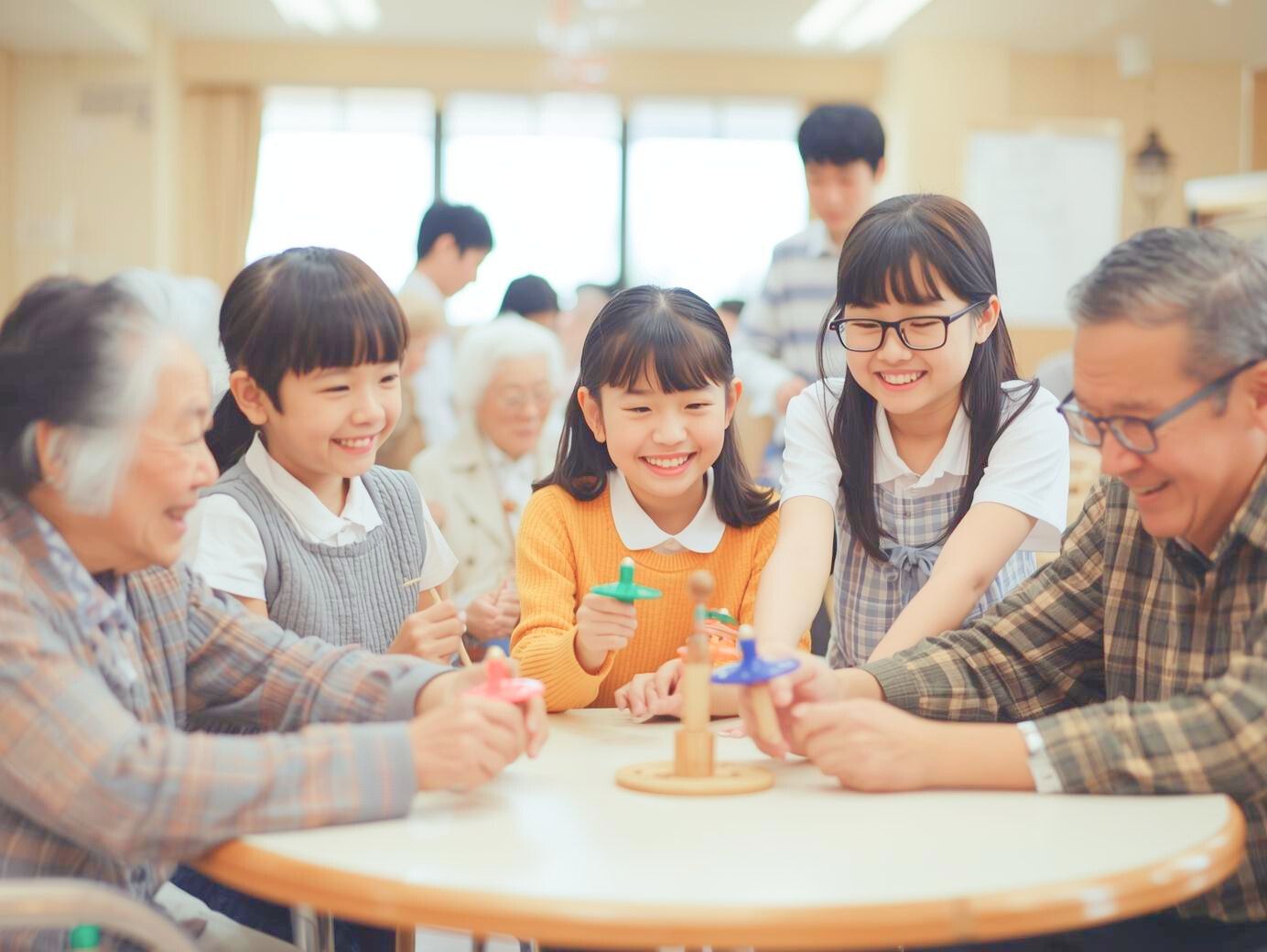 丸テーブルで高齢者と子どもたちがおもちゃ遊びをする世代間交流
