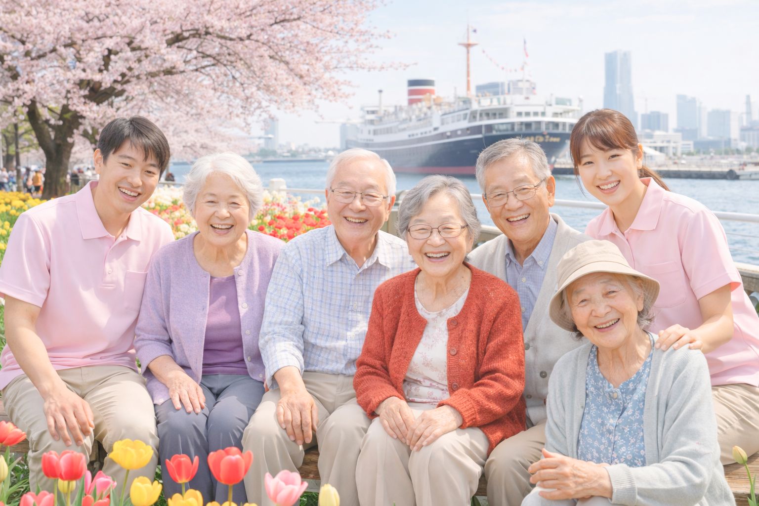 桜とチューリップの港そばで介護士と高齢者が集合写真を撮る外出シーン